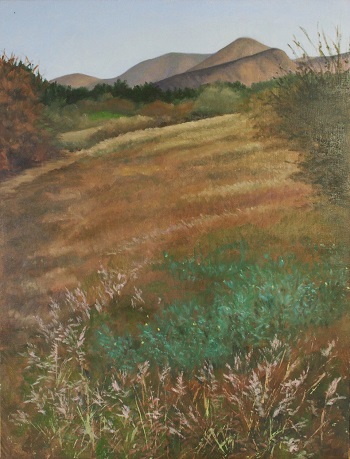 'Mountains & Field,' Oil on panel, 19 x 24.5  inches, by Judith Anderson