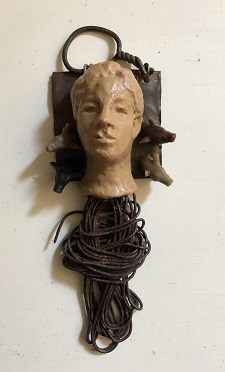 ',' Encaustic and found objects, 7.5 x 3 x 2 inches, by Susanne K. Arnold