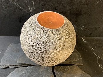 'Textured White Terra Sig Moon Pot,' Low fired white clay, 9 inch diameter, by Kay Franz