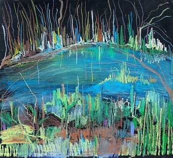 'The Night Pond,' Acrylic painting, 20 x 20 inches, by Lisa Lezell Levine