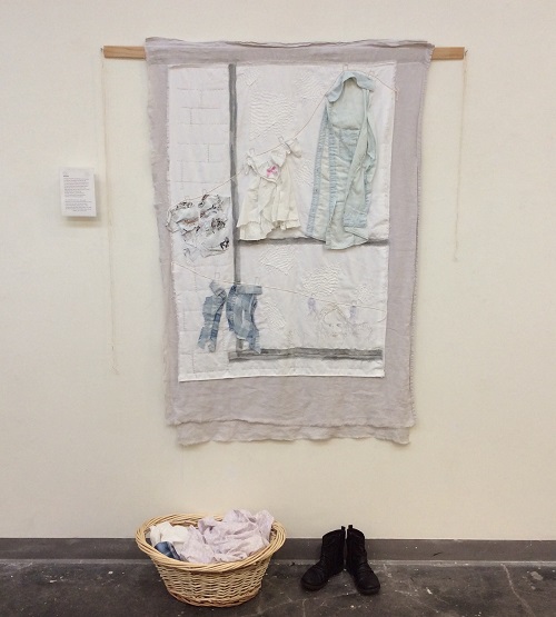 'Wash Day' Vintage cotton table cloth, Egyptian linen sheets, cotton clothes, cotton threads, hand and machine stitched, 41 x 61 inches by Vickye Huling Payton