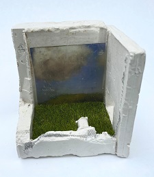 'Box with Cloud' cast plaster, wire, resin, printed transparency, faux moss, 3 5/8 x 3 1/2 x 2 3/4 inches by Leslie Banta
