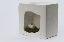 'Small Box' cast plaster, resin, faux moss, 1 11/16 x 1 15/16 x 1 1/16 inches by Leslie Banta