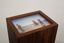 'Crater Lake National Park, OR (family)' Archival pigment print, walnut plywood, plexi, 36 H x 8 W x 10 L inches, by Kim Llerena and Nancy Daly