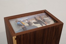 'Griffith Observatory, Los Angeles, CA (tourists)' Archival pigment print, walnut plywood, plexi, 47.5 H x 8 W x 12 L inches, by Kim Llerena and Nancy Daly