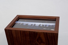 'Crater Lake National Park, OR (panorama)' Archival pigment print, walnut plywood, plexi, 23.5 H x 8 W x 12 L inches, by Kim Llerena and Nancy Daly