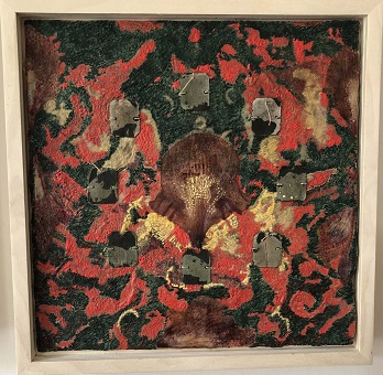 'Red-Green Mandala, 2021,' by Susanne K. Arnold, Encaustic, found objects, rust, organic material, framed, 12 x 12 inches
