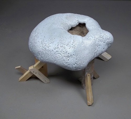 'That time my mom told me if it weren't for me she would have' Stoneware, glaze, fur, lumber, and hardware by RJ Sturgess