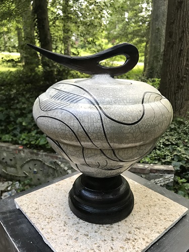 'Double walled container,' Raku fired with a taped resist design, 12 inch diameter x 14 inch height, by Joel Moses