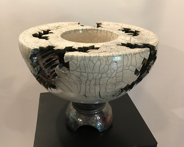 'Double walled bowl 'fracture' series,' Raku fired with altered surface, 14 inch diameter x 11 inch height, by Joel Moses