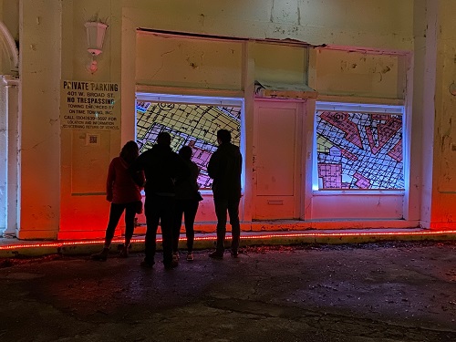 'Richmond Residential Security' by Carl Patow, Installation on Broad Street, Richmond, VA, 1708 Gallery, InLight 2020, Two center panels of 8 total map panels, LED lighting