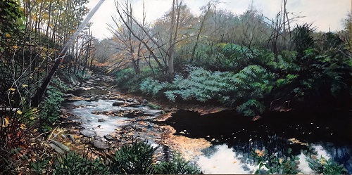 'Downstream a black pool,' Acrylic on canvas, 24 x 48 inches, by Donna Frostick