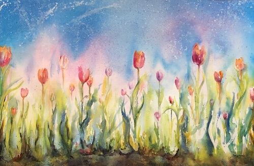 'Tulips by fountain' by Sandy Nye Moran, Watercolor under glass, 25 x 35 inches