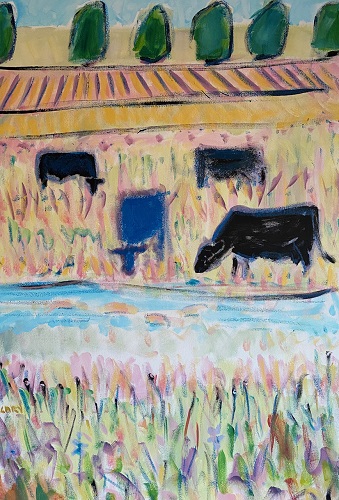 'Four by the Stream,' acylic, oil stick, livestock marker, 36x24 inches, by Susan Cary