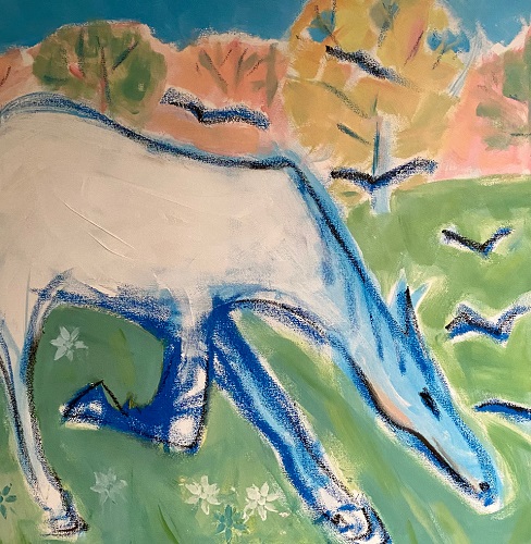 'Spring Pasture, Horse and Birds,' acrylic, oil stick, livestock marker, 24x24 inches, by Susan Cary
