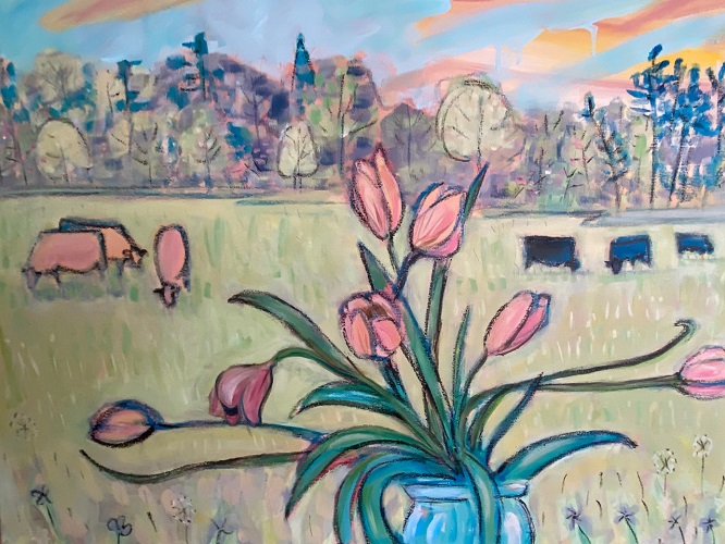 'Tulips and Cows at Sunset,' acrylic, oil stick, livestock marker, 30x40 inches, by Susan Cary