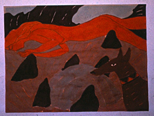 'Red Woman Sleeping, Anubis Watching' Colored ink on paper by Susanne K. Arnold